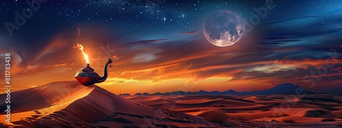 Aladdin's lamp in the desert. Generative AI