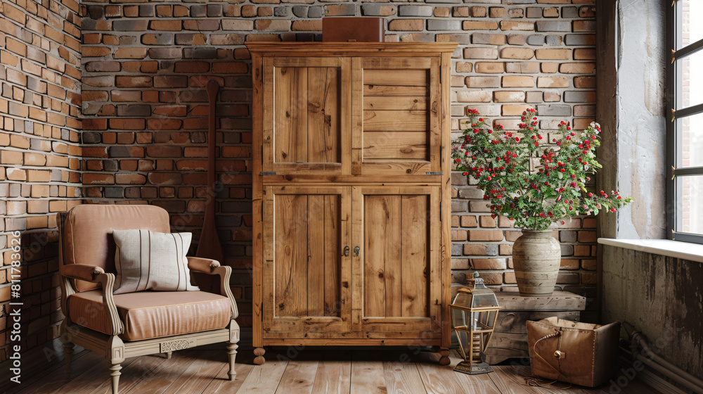 Stylish wooden cabinet near brown brick wall