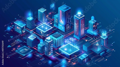 intelligent building or smart city isometric vector concept. Automation of buildings using an example of computer networking. Technology of the future: IoT platforms.