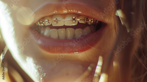 Close-up of smiling lips with braces photo