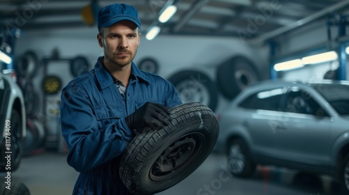 Mechanic Holding a Car Tire