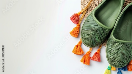Studio close-up top view a green rubber casual unisex slipper on a white background, adorned with a colorful tassel for a beach weekend getaway. The slipper is part of a wicker rattan handbag.