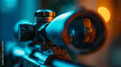 Soft focus studio shot featuring a zoomed air lens on a telescopic sight, accompanied by a medium view of a scout scope in the background. photo