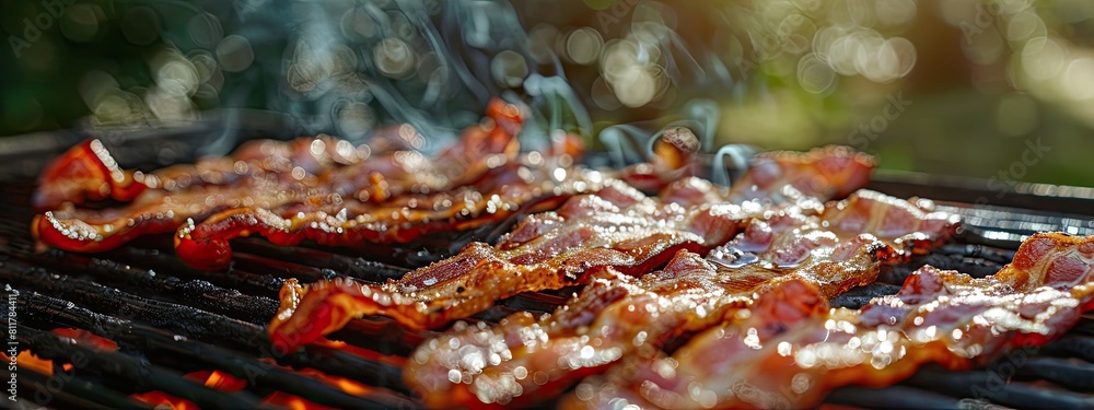 fried bacon on the grill on the background of nature. Selective focus fried bacon on the grill on the background of nature. Selective focus