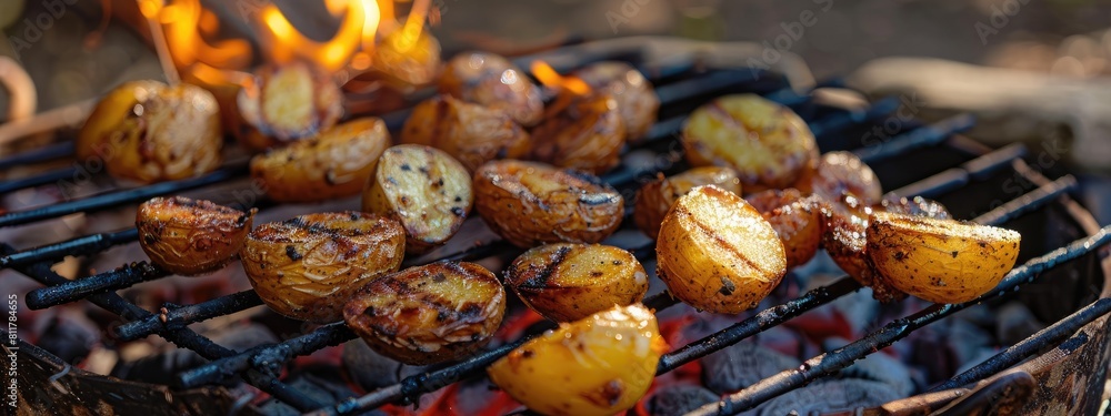 fried potatoes on the barbecue against the background of nature. Selective focus fried potatoes on the barbecue against the background of nature. Selective focus