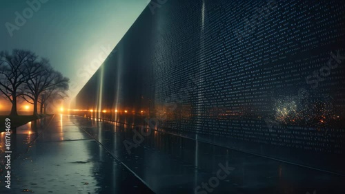 The Vietnam Wall at Night With Lights On, A night scene of the Vietnam Veterans Memorial Wall with soft lighting photo