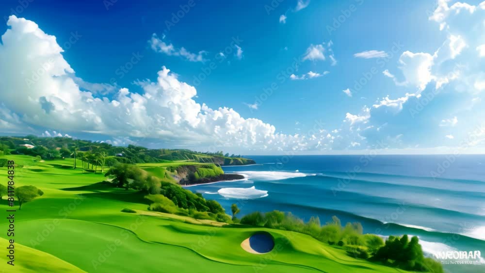 Golf Course Overlooking the Ocean on a Sunny Day, A panoramic view of a seaside golf course Golf Course Overlooking the Ocean on a Sunny Day, A panoramic view of a seaside golf course