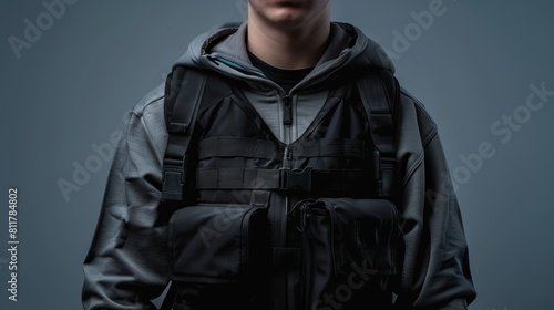Unidentified man in his twenties with a black bulletproof jacket over his chest. a background of gray. captured in a studio. High quality photo photo