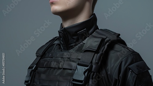 Unidentified man in his twenties with a black bulletproof jacket over his chest. a background of gray. captured in a studio. High quality photo