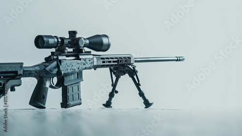 Sniper rifle with white background, optic, and bipod photo