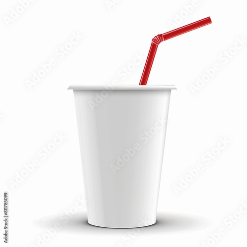 Isolated on a white background, this white paper cup template features a drinking straw for soda or cold beverages. Gathering packaging. Vector illustration. 