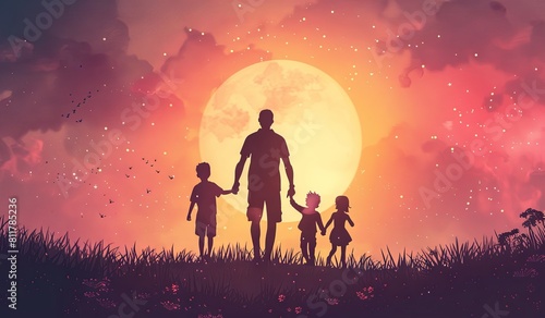 Magical family silhouette against a surreal sunset backdrop