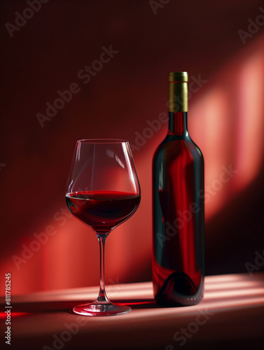 A bottle of red wine is next to a wine glass