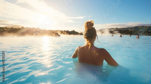 A woman taking advantage of a natural spa Situated on the Reykjanes Peninsula in southwest Iceland  Blue Lagoon is a geothermal spa situated in a lava field close to Grindavk.