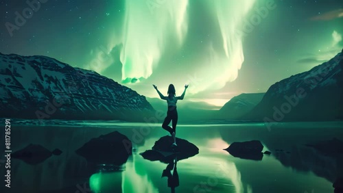 A person standing atop a rock protruding from the waters surface in the midst of a body of water, A person practicing yoga under the northern lights photo