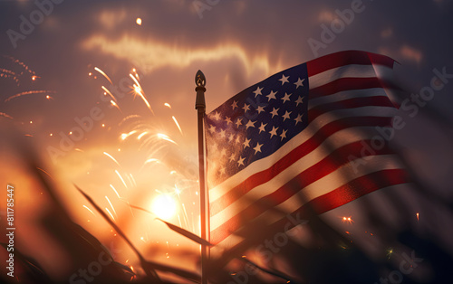 a flag with fireworks in the background,ai