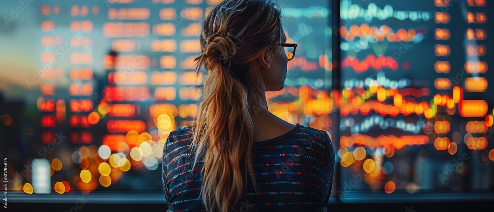 Woman Gazing at City Lights at Night. Woman Gazing at City Lights at Night.