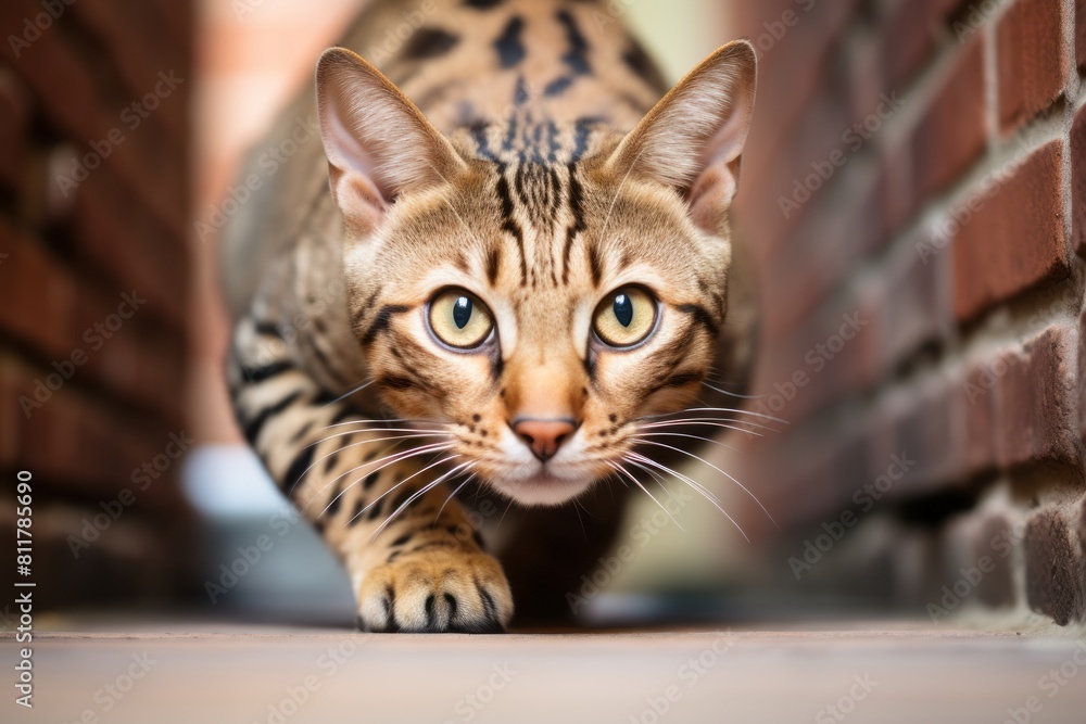Close-up portrait photography of a curious savannah cat hopping isolated in classic brick wall