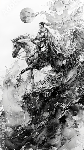 Majestic ink image of a warrior on horse amidst dynamic waves