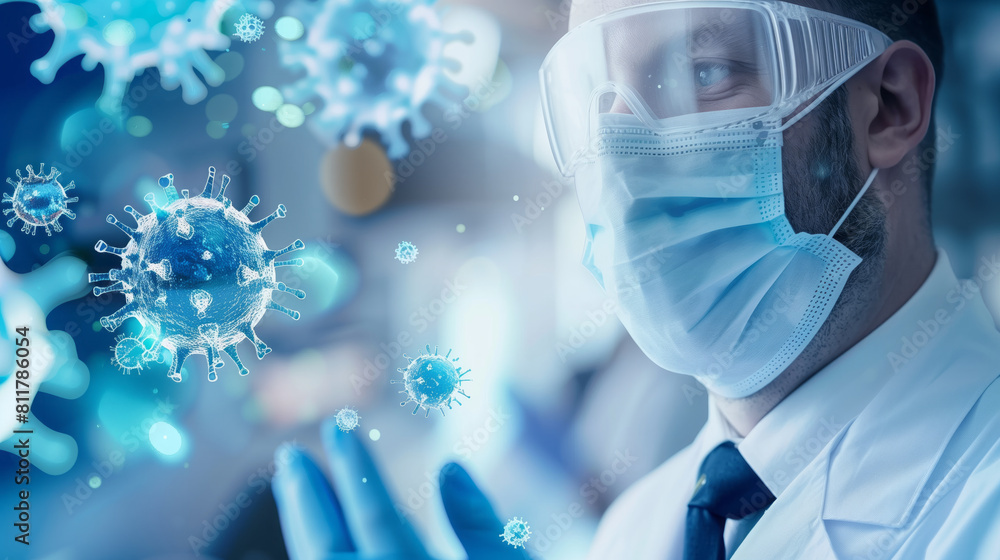 Doctor with mask showing Immunity Booster concept in lab Doctor with mask showing Immunity Booster concept in lab