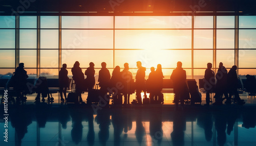 silhouette of passengers waiting in front of a large window at an airport 