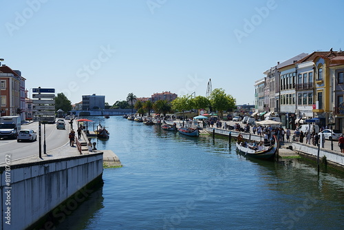 Canal and moliceiro boats in European Aveiro city in Portugal