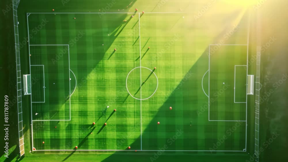 An overhead shot of a soccer field, showcasing the pitch, goalposts, and players competing in a match, An aerial viewpoint of a soccer field during a high-intensity match An overhead shot of a soccer field, showcasing the pitch, goalposts, and players competing in a match, An aerial viewpoint of a soccer field during a high-intensity match