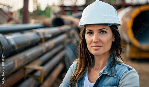 Confident female engineer at industrial site with safety helmet