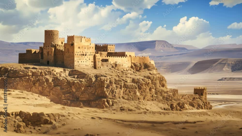 A majestic castle stands prominently in a barren desert landscape under ...
