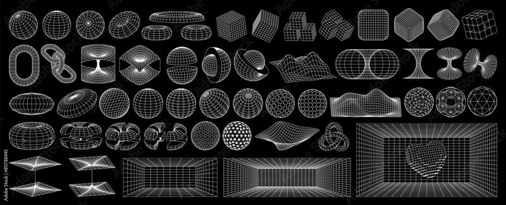 Retro futuristic design elements. 3D wireframe shapes, high and low poly meshes. Vector blanks for a poster, banner, business card, sticker