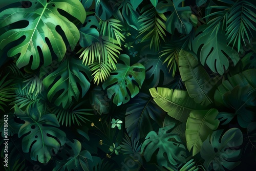 Lush Tropical Green Leaves in a Dense Jungle Illustration 