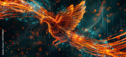 An emblem of decentralized finance's transformative force: a digital phoenix emerges from the remnants of conventional banking systems photo