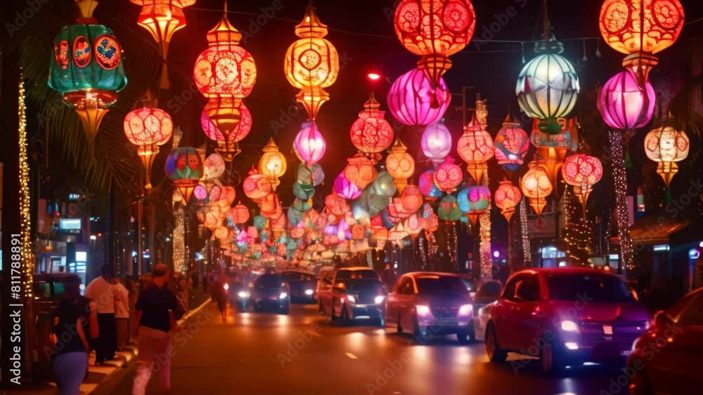 This photograph showcases a lively street adorned with numerous vibrant lights, casting a mesmerizing glow and illuminating the surroundings, Eid decorations brightening up the streets This photograph showcases a lively street adorned with numerous vibrant lights, casting a mesmerizing glow and illuminating the surroundings, Eid decorations brightening up the streets