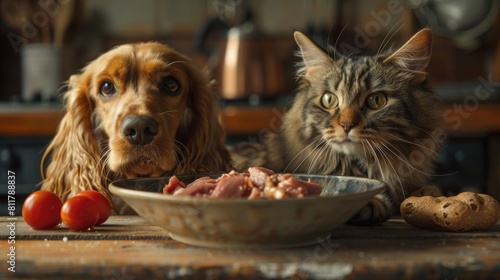 A Cocker Spaniel and a Persian cat gently eating raw rabbit meat from a shared bowl  set in a cozy kitchen setting