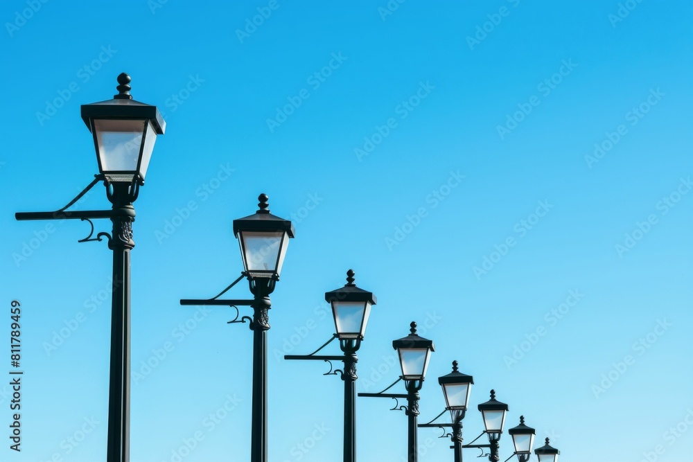 Row of Street Lamps Against a Clear Blue Sky. Generative ai Row of Street Lamps Against a Clear Blue Sky. Generative ai