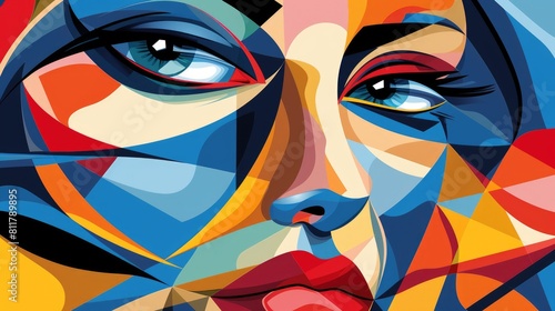 Portrait of beautiful woman in modern abstract art style in colorful geometry. Elegant female or lady looking at camera in modern art style with vibrant palette technique. Feminism concept. AIG42. © Summit Art Creations