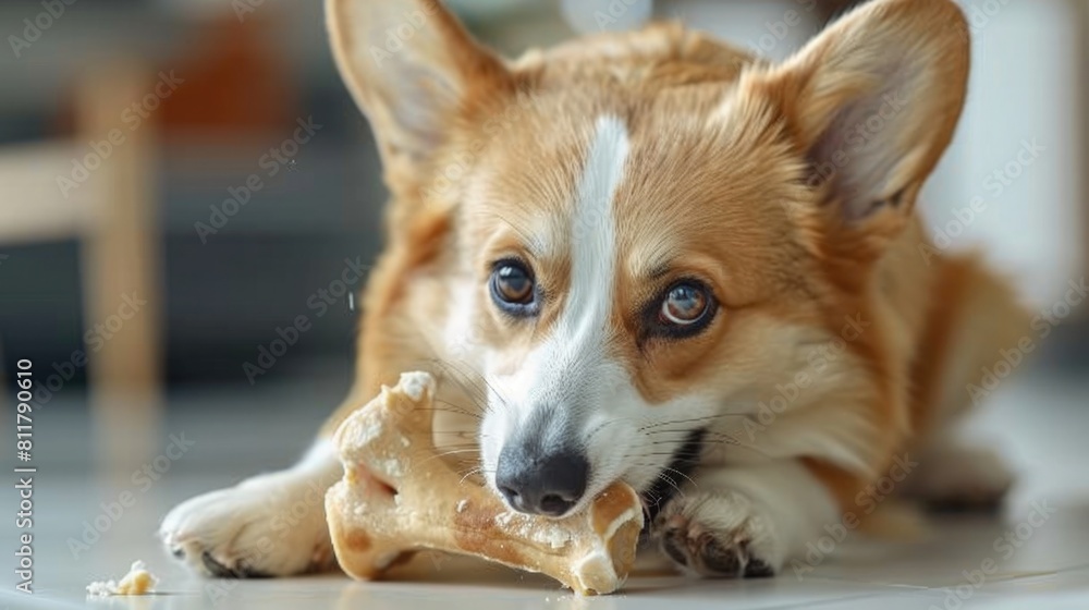 A Corgi gnawing on a large raw bone, placed on a clean white surface to highlight the contrast and focus on the feeding act A Corgi gnawing on a large raw bone, placed on a clean white surface to highlight the contrast and focus on the feeding act