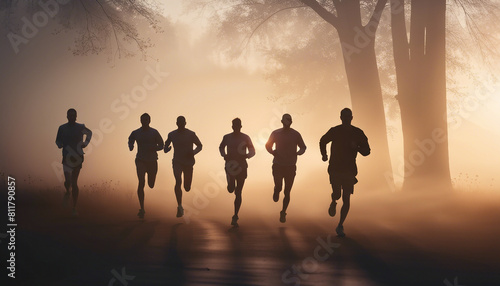silhouette of running team running in foggy weather at sunrise 