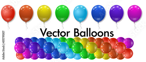 Festive colorful balloons set. Helium balls for holiday and party event, wedding ceremonies and store opening. Izometric 3d realistic rainbow decoration.