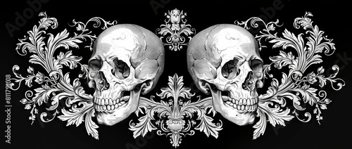 Ornate floral skull symmetrical black and white design