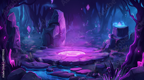 The Cartoon and realistic, stone battleground platform at night neon style look, Illustration