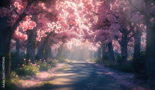 Beautiful cherry blossoms in spring season  scenic view  created with AI