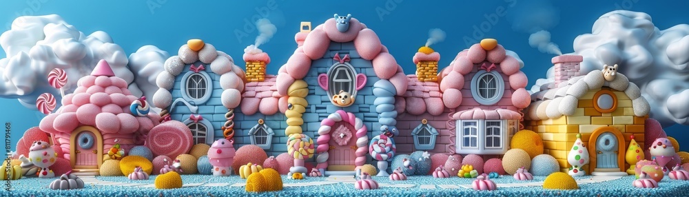 Fototapeta premium A colorful candy house with a pink roof and pink windows
