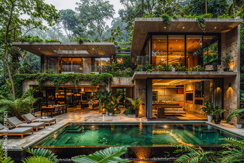 Exterior of a modern lush resort with cantilevered terraces and infinity pool surrounded by lush greenery © Giordano Aita