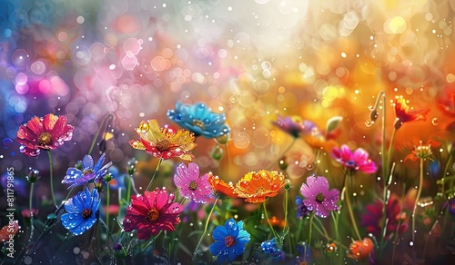 Magical morning dew on vibrant wildflowers with sunlight bokeh