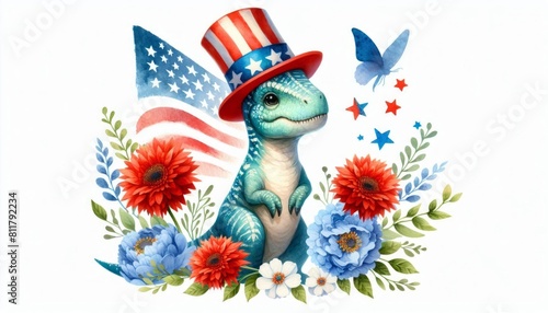 Dinosaur 4th July Watercolor Celebration USA (United State) Art Cute Cartoon For Independence Day Animal Patriotic with American Flag Memorial Day Clip Art photo