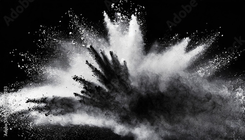 Black charcoal powder dust paint white explosion explode burst isolated splatter abstract.