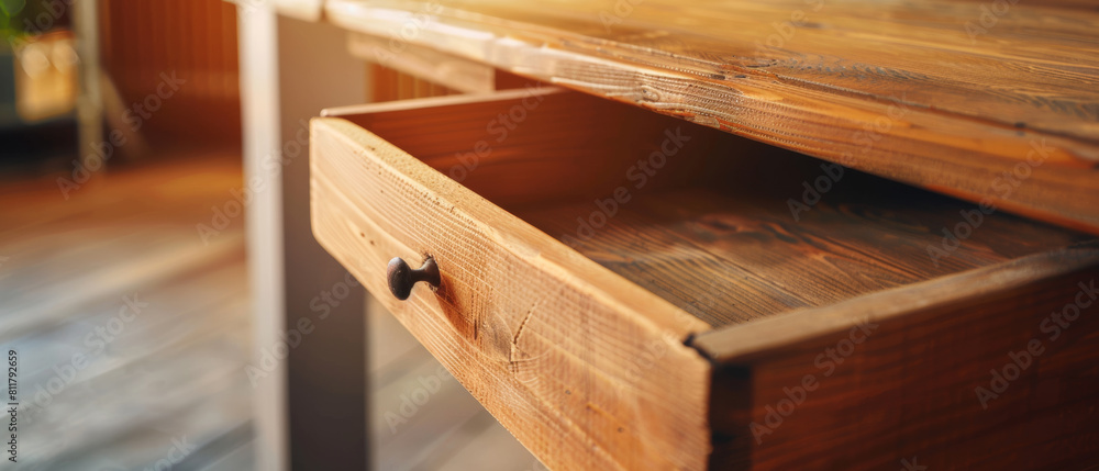 Warm sunlight strikes an open wooden drawer, highlighting its texture. Warm sunlight strikes an open wooden drawer, highlighting its texture.