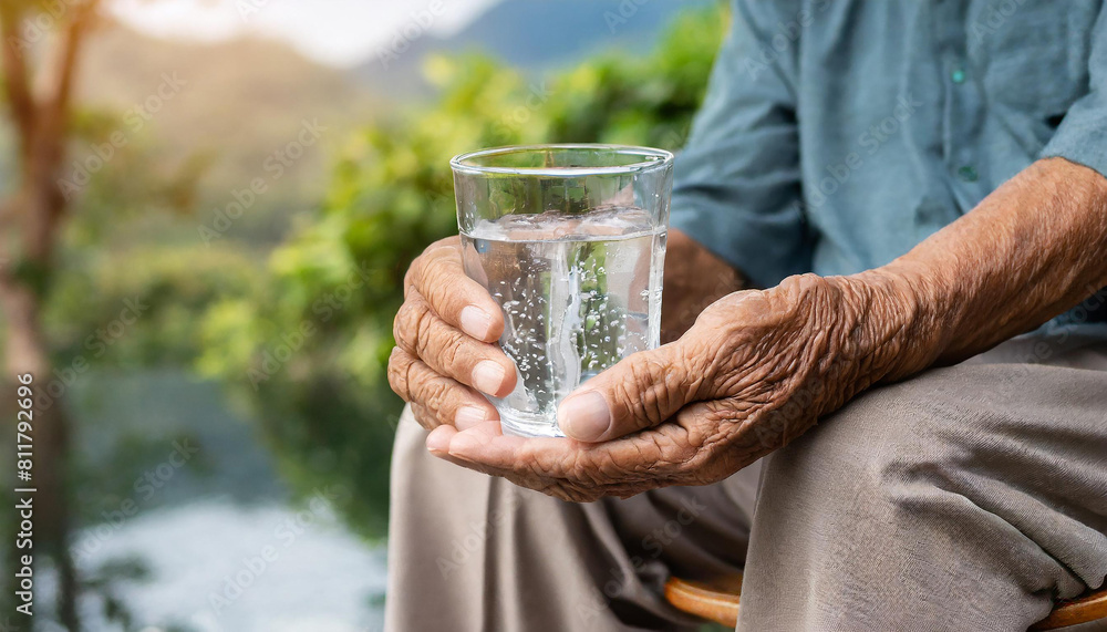 Trembling hands of an elderly man tightly hold a glass of water. Parkinson's disease symptom Trembling hands of an elderly man tightly hold a glass of water. Parkinson's disease symptom