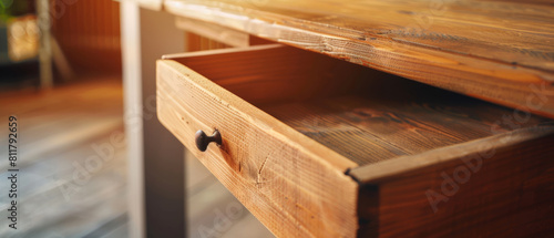 Warm sunlight strikes an open wooden drawer, highlighting its texture.